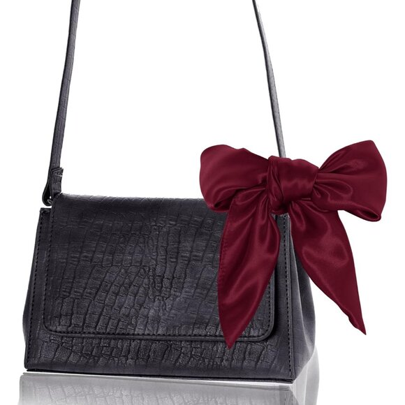 Women Wine Red Chiffon Square Ribbon Neck Scarf Satin Handkerchief For Halloween - Picture 5 of 7